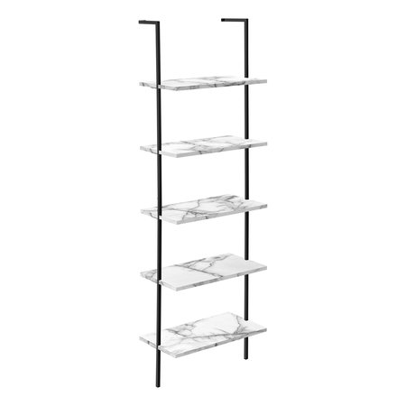 MONARCH SPECIALTIES Bookshelf, Bookcase, Etagere, Ladder, 5 Tier, 72"H, Office, Bedroom, Metal, White Marble Look, Black I 3685